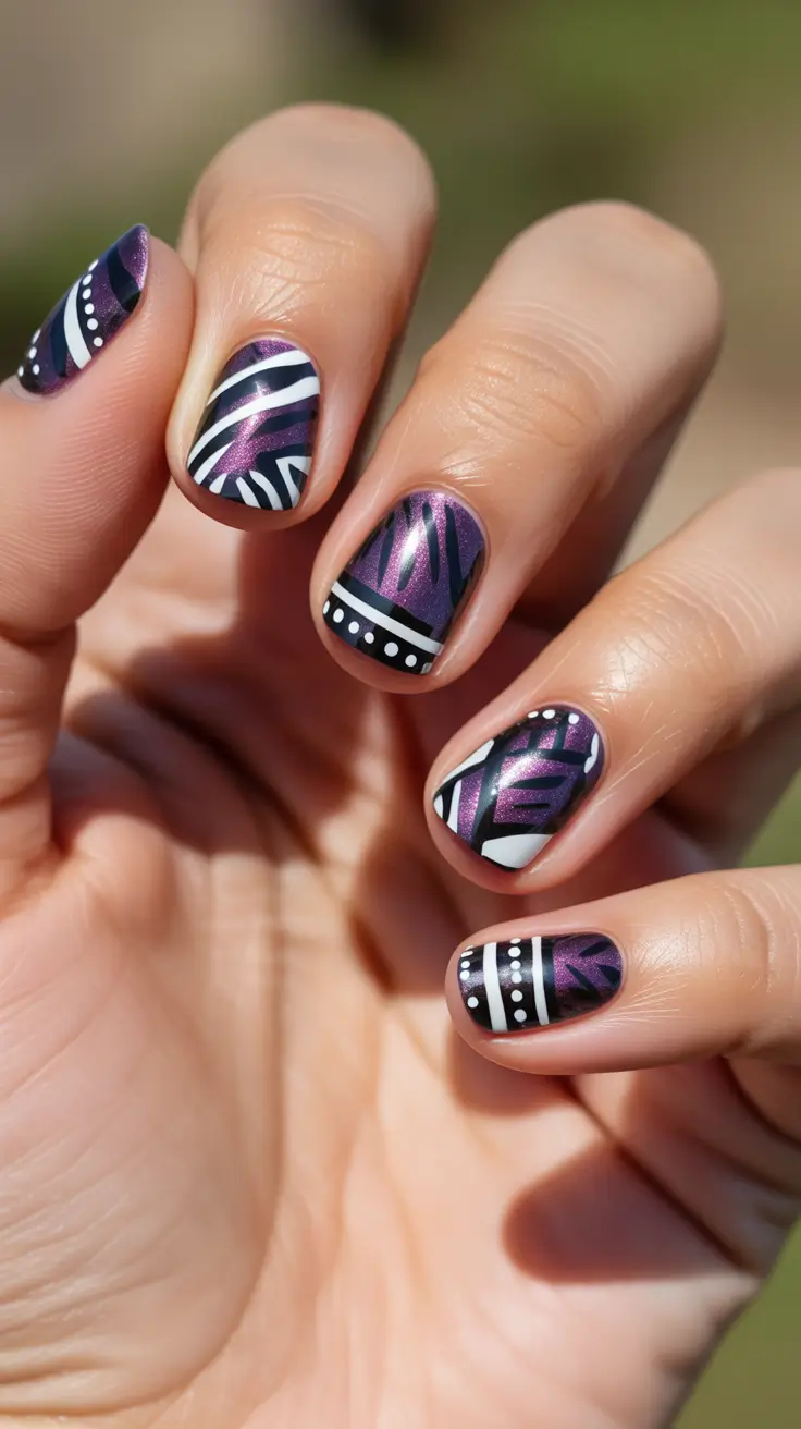 Fall Nail design for December 2025 - Graphic Plum Shorties With Monochrome Stripes