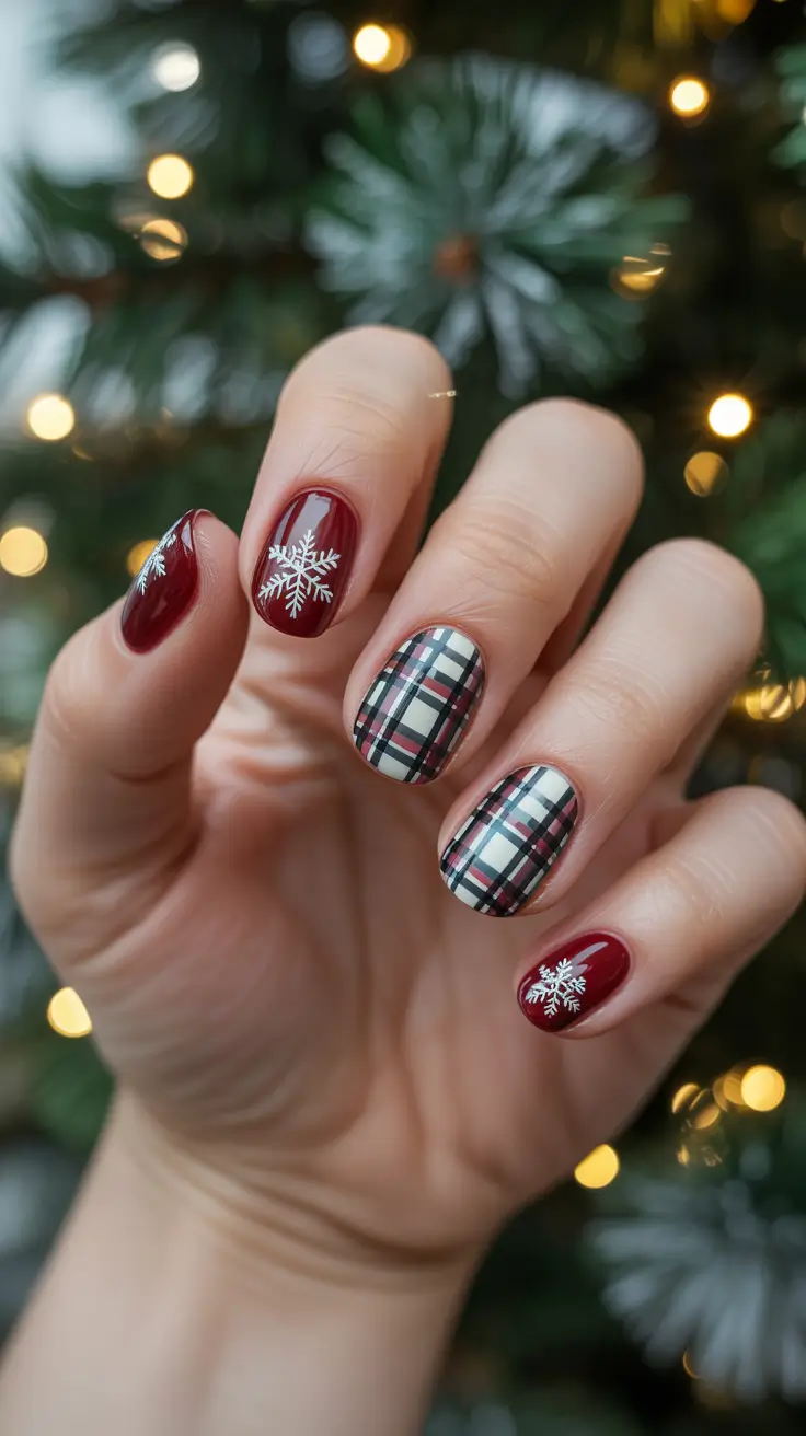 Fall Nail design for December 2025 - Cranberry Plaid With Snowflake Dots