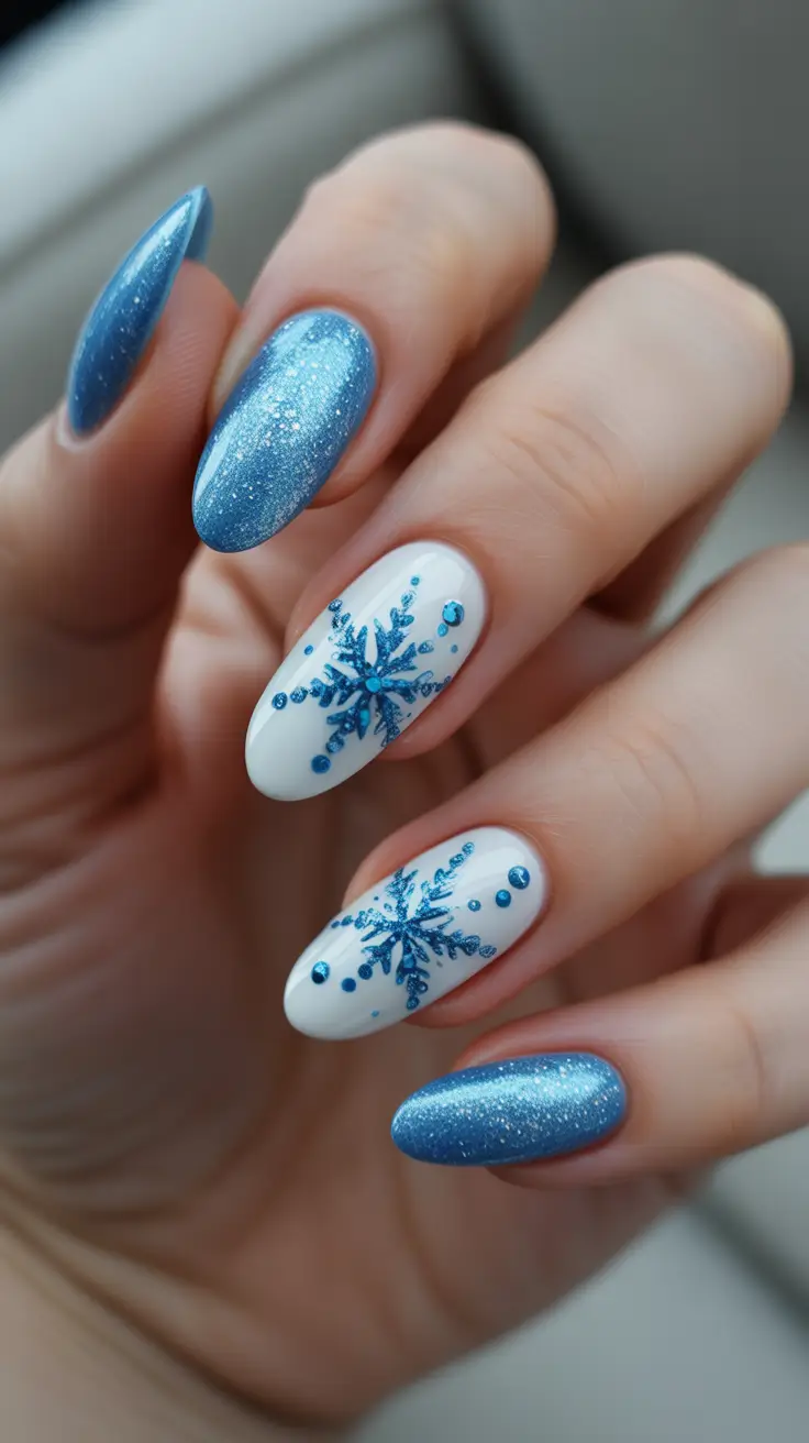 Fall Nail design for December 2025 + Frost-kissed Blue Snowflakes on Soft Almond