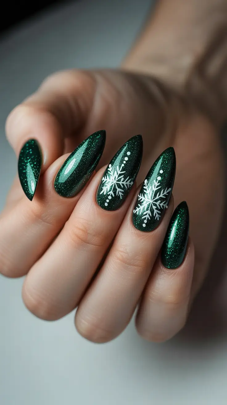 Fall Nail design for December 2025 + Emerald Night With White Flakes - Long Almond Drama