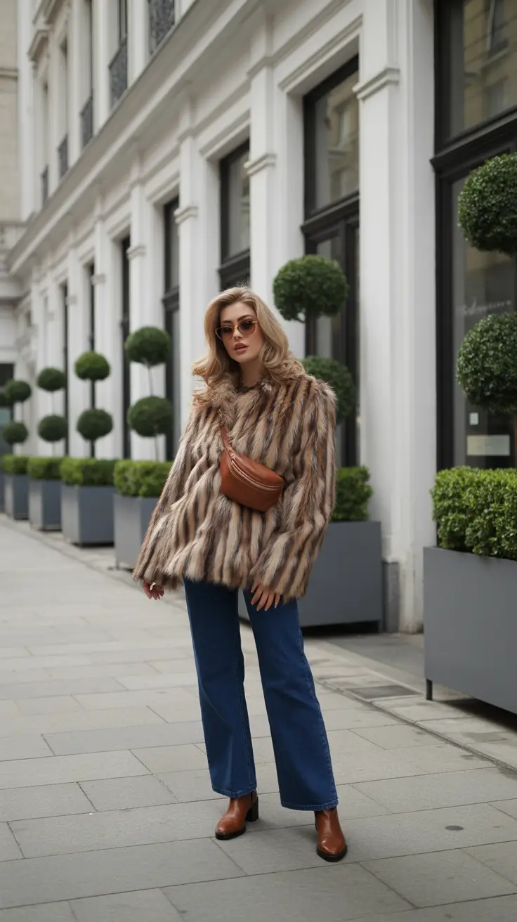 Fall outfits Ideas for December 2025 - Striped Faux Fur With Denim - Retro Street Cool