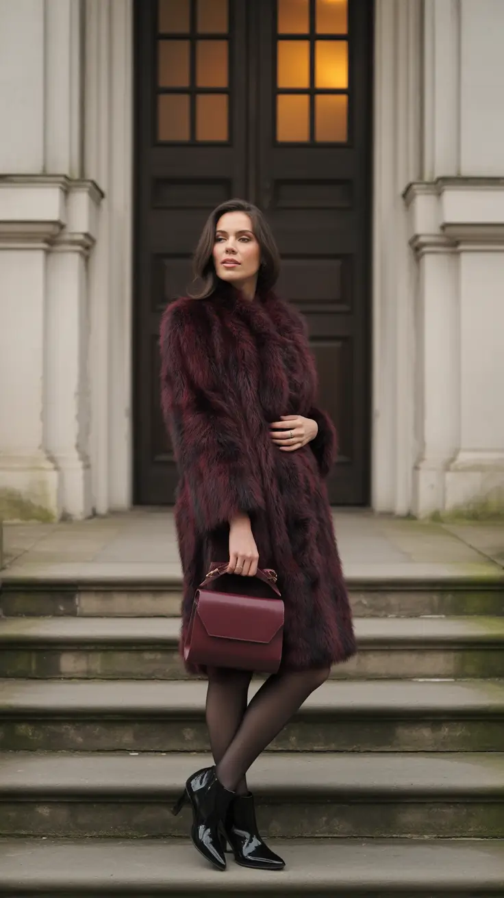 Fall outfits Ideas for December 2025 - Merlot Faux Fur Coat - Luxe Nightfall Energy