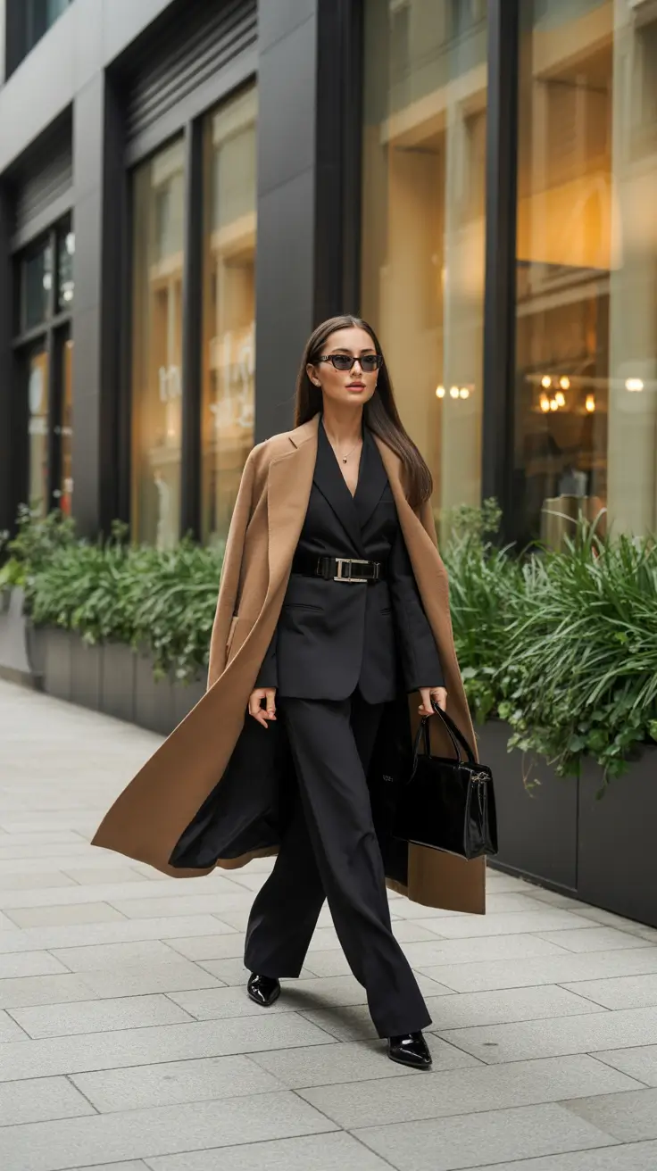 Fall outfits Ideas for December 2025 - Camel Over Black Suiting - Power Commute Polish