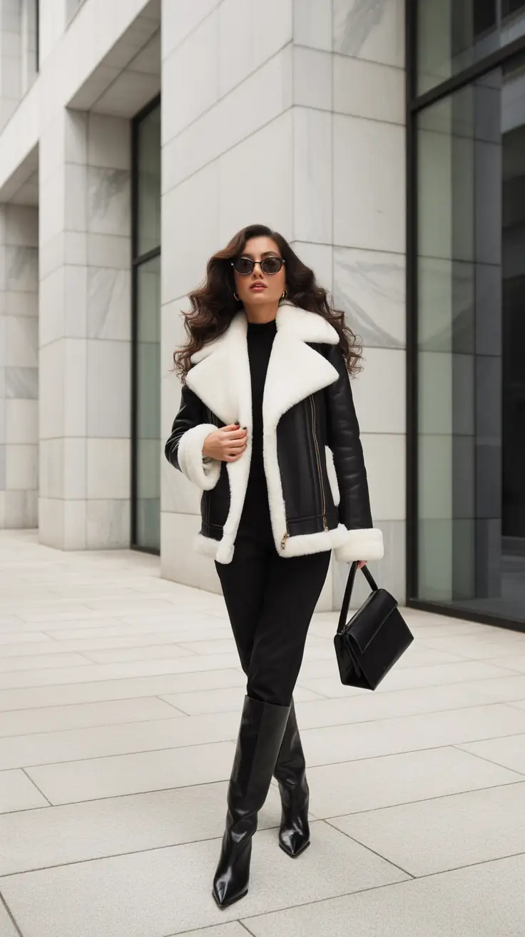 Fall outfits Ideas for December 2025 - Shearling-Collar Aviator - Monochrome With Bite