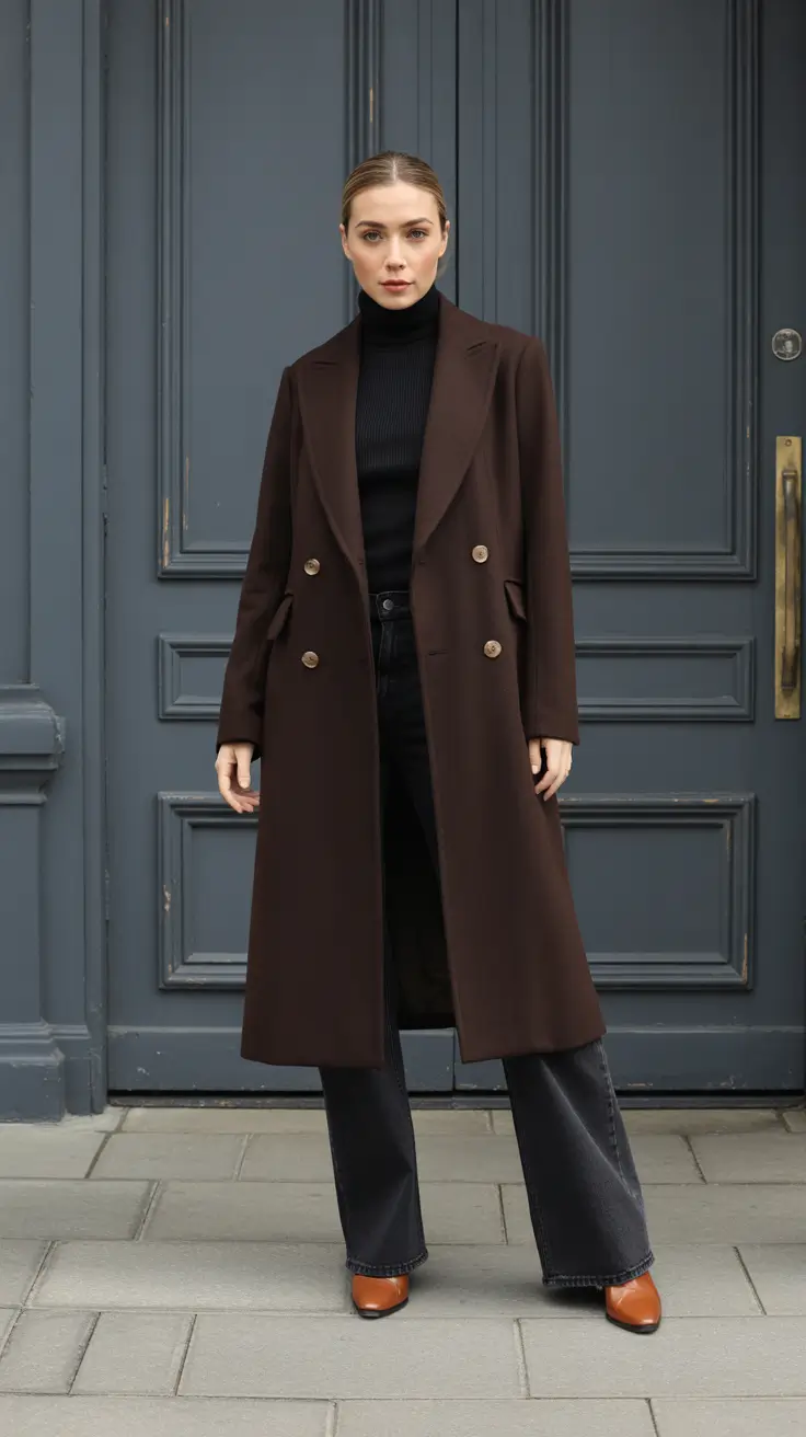 Fall outfits Ideas for December 2025 - Deep Cocoa Coat With Black Turtleneck And Flared Denim