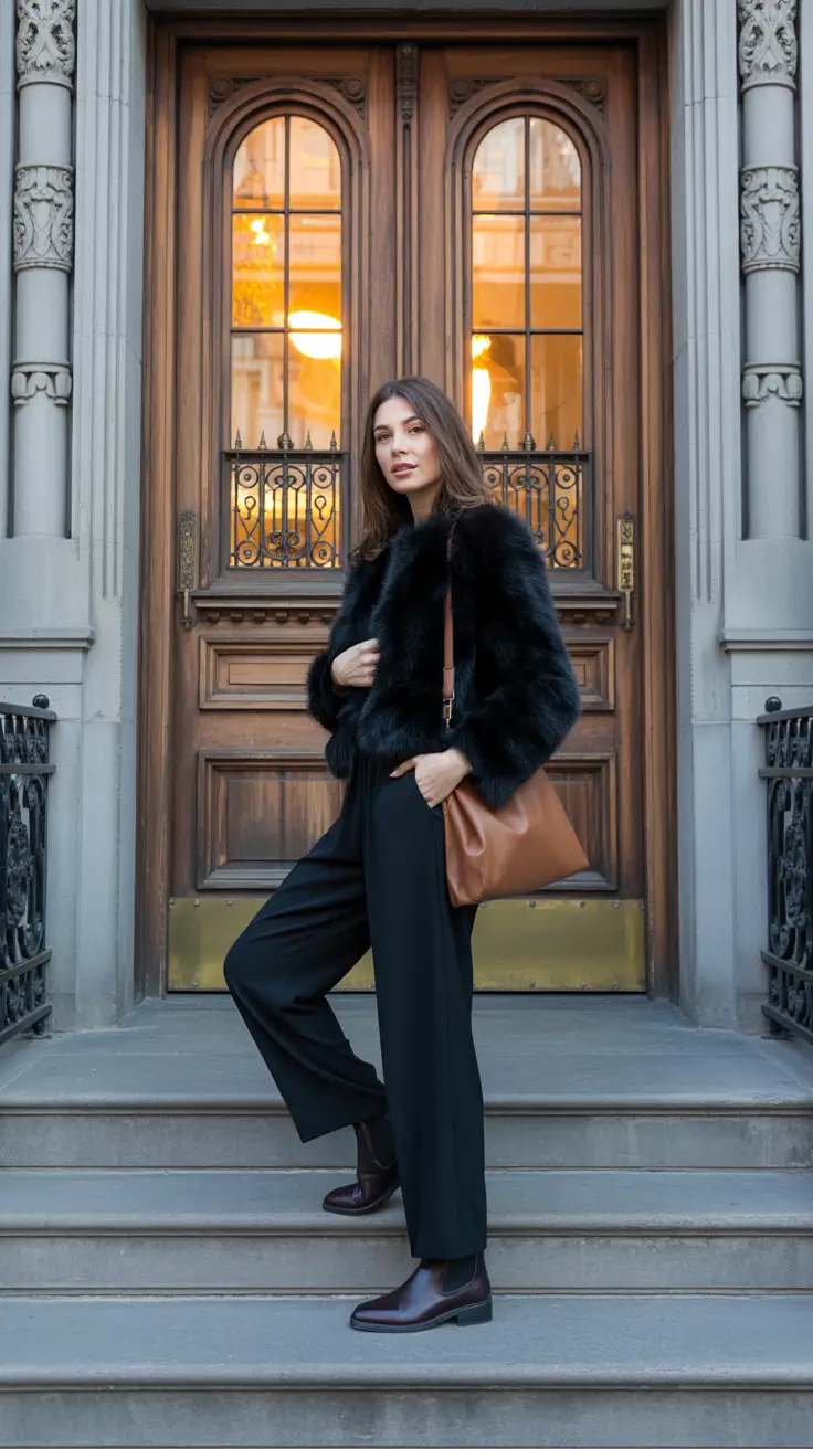 Fall outfits Ideas for December 2025 - Midnight Faux Fur With Wide-Leg Trousers And Cognac