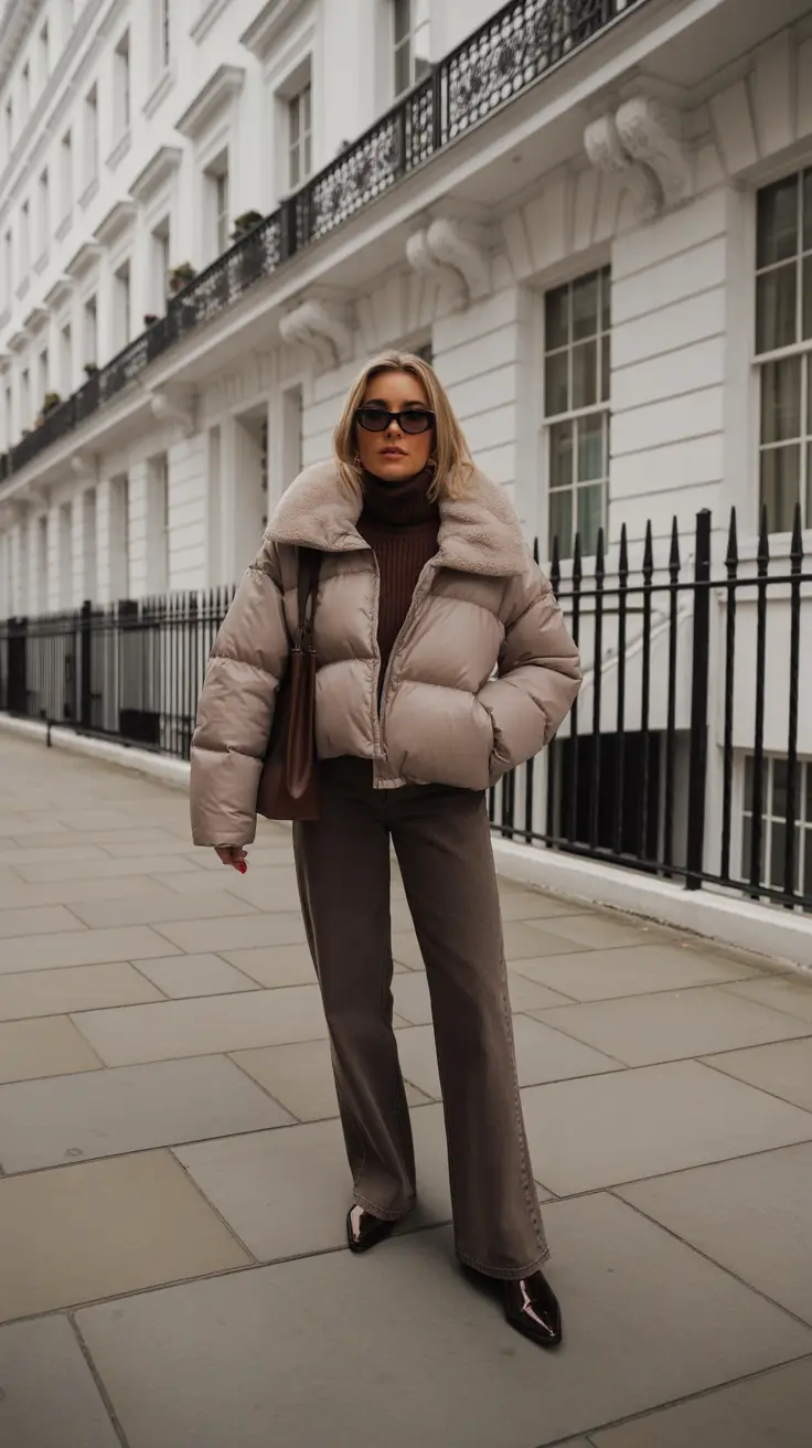 Fall outfits Ideas for December 2025 - Taupe Puffer And Chocolate Knit With Bootcut Balance