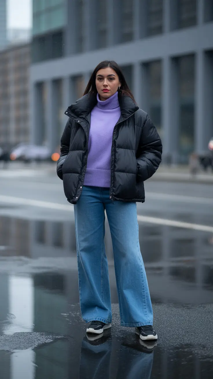 Fall outfits Ideas for December 2025 - Lilac Knit and Puffer - Off Duty Warmth