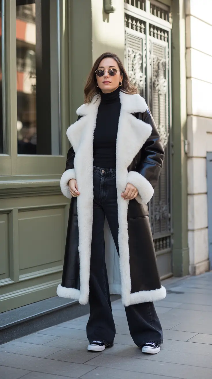Fall outfits Ideas for December 2025 - Statement Shearling - Longline Trim And Retro Sneakers