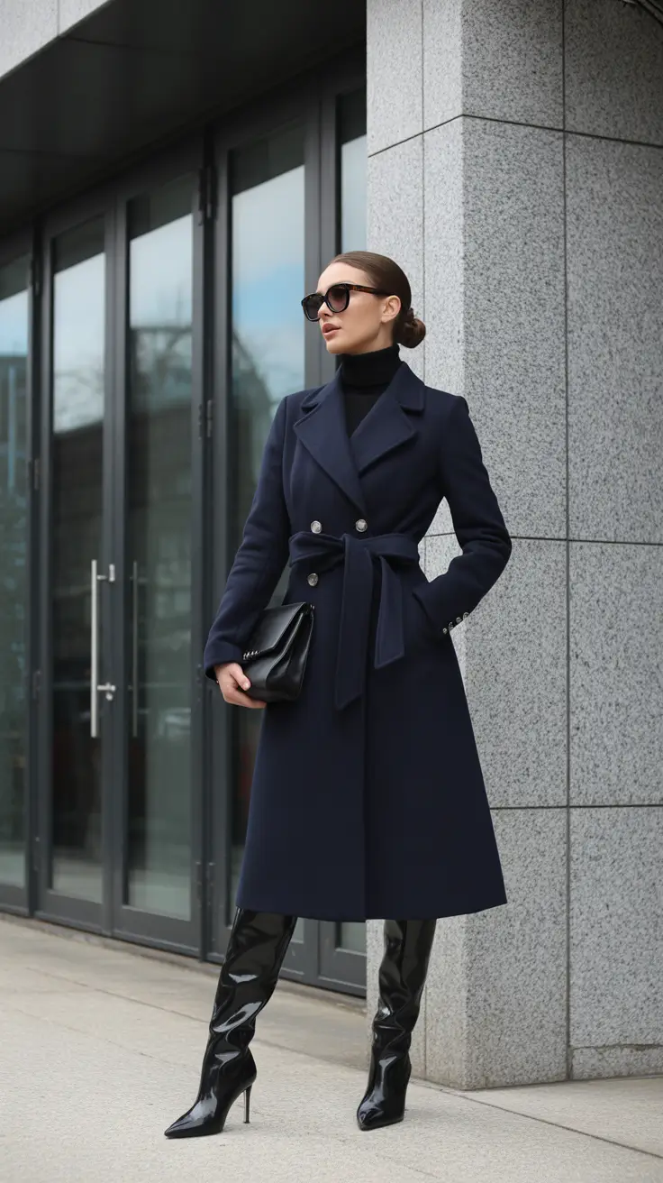 Fall outfits Ideas for December 2025 - Navy Wrap Coat and Glossy Boots - December Night Upgrade