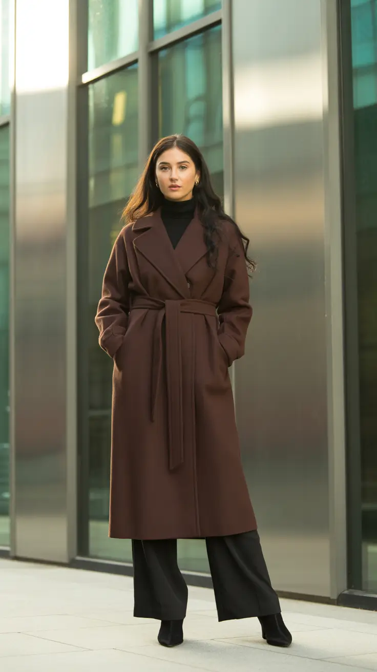 Fall outfits Ideas for December 2025 - Chocolate Wrap Coat With Tailored Flow