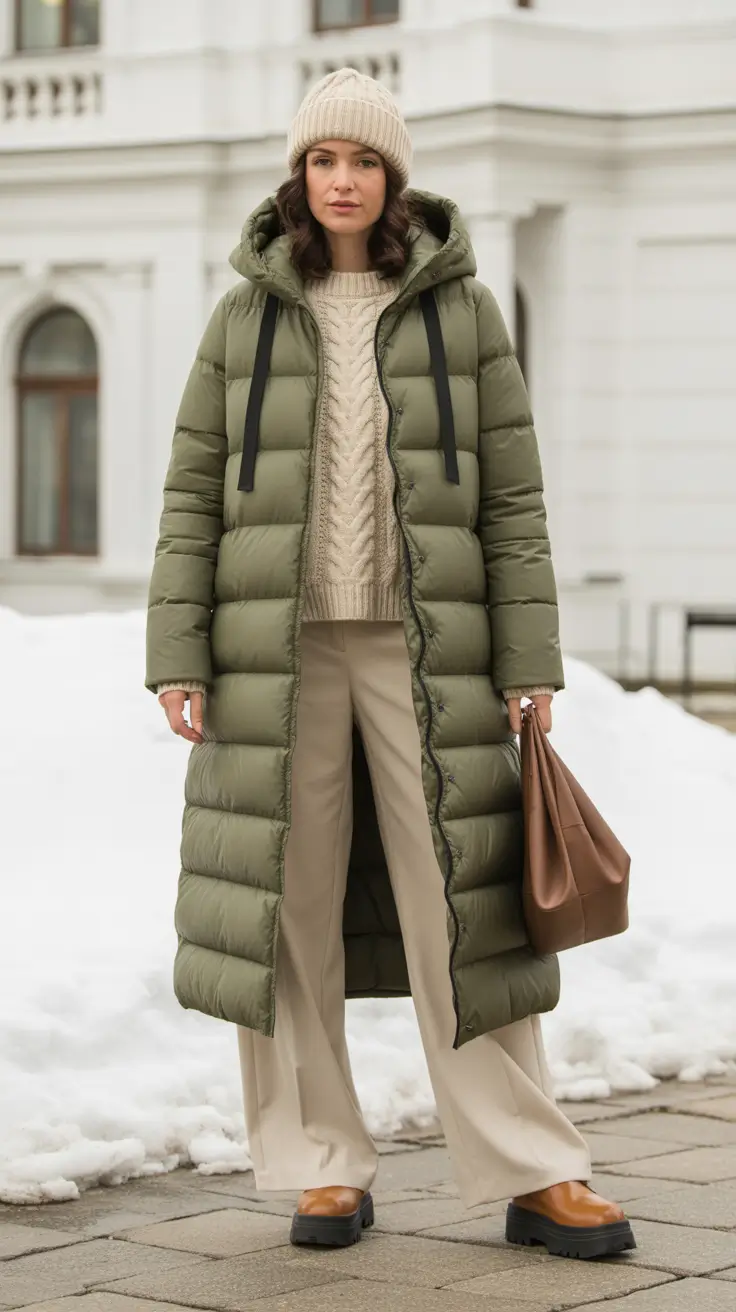 Fall outfits Ideas for December 2025 - Olive Quilted Coat With Creamy Knit And Wide Pants