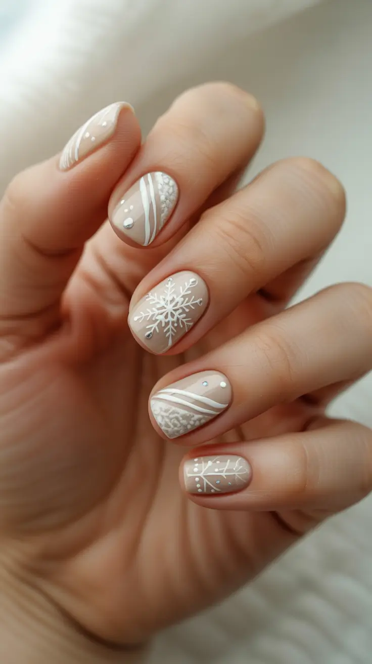 Neutral Winter Nails 2025-2026 - Latte Snowflakes With Soft-Linen Lines