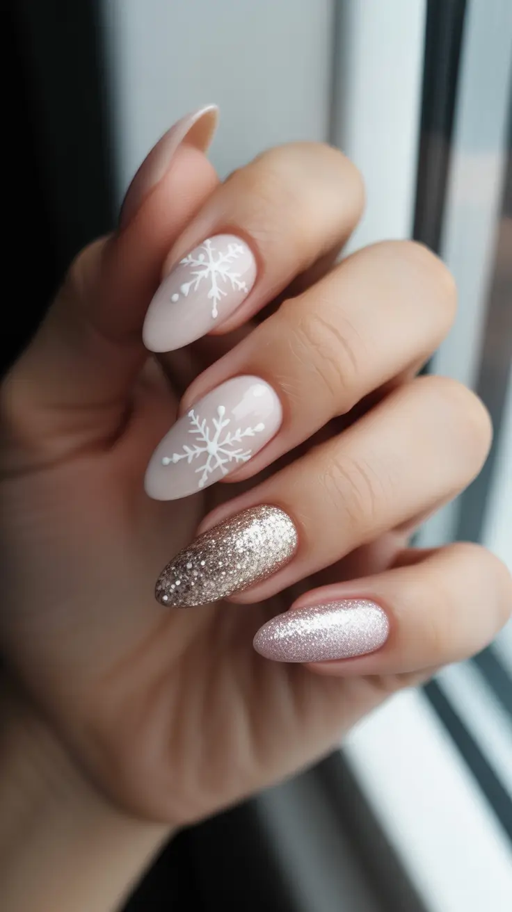 Neutral Winter Nails 2025-2026 Frosted Almond With Whisper-Glitter Tips