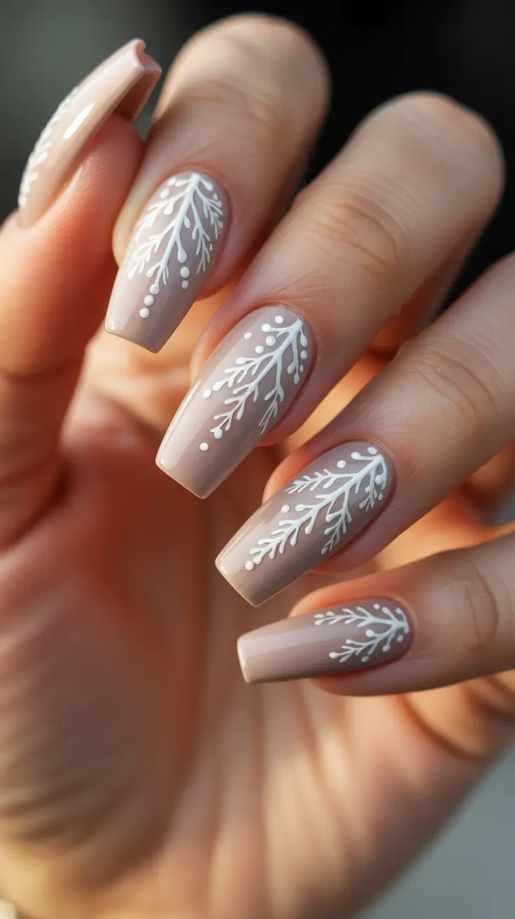 Neutral Winter Nails 2025-2026 - Silky Taupe Branches on Sculpted Squares