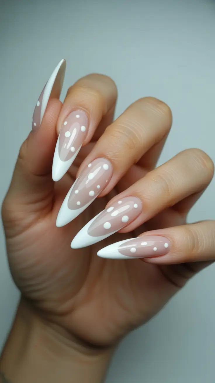Neutral Winter Nails 2025-2026 - Snow-Dot French on Sleek Stilettos