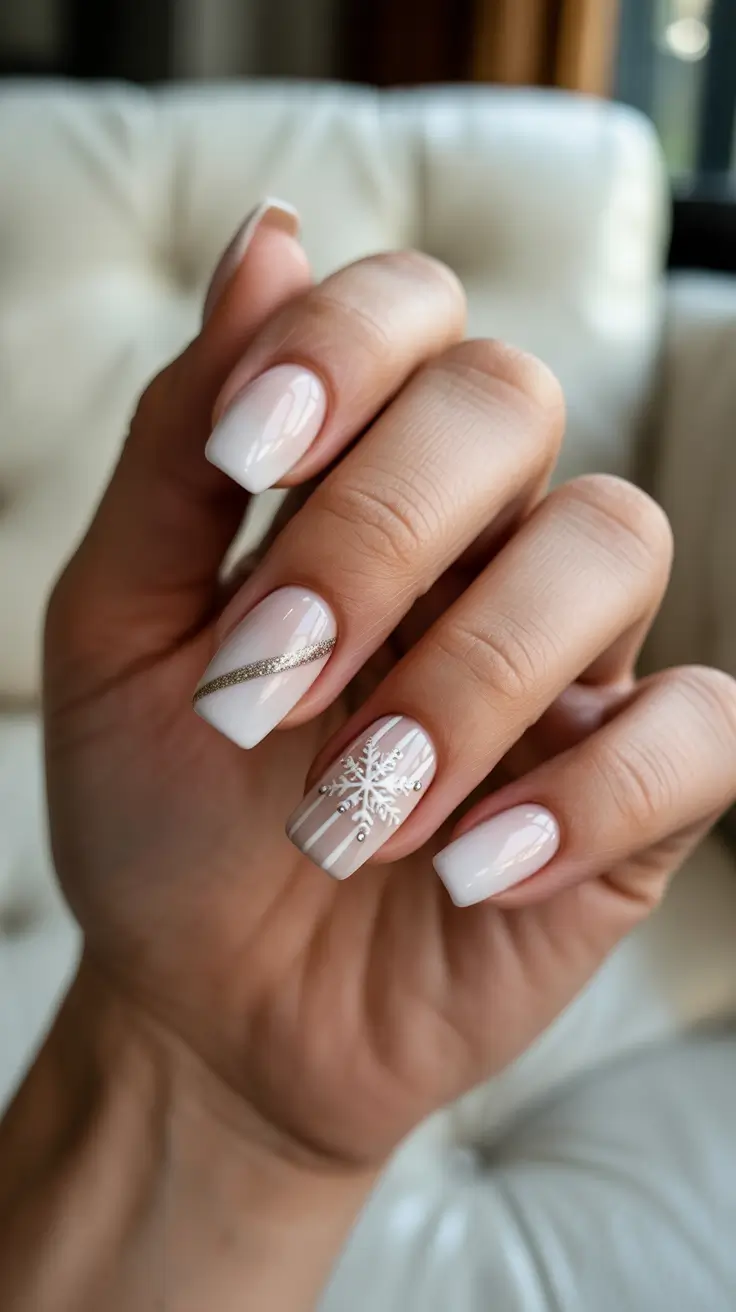 Neutral Winter Nails 2025-2026 - Milky Squares With Gilded Swoop and Snowflake Accent