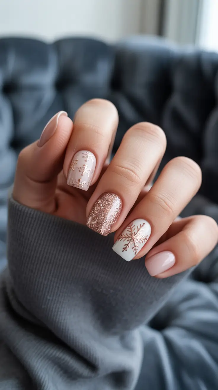 Neutral Winter Nails 2025-2026 Rose-Gold Flurry on Soft Square