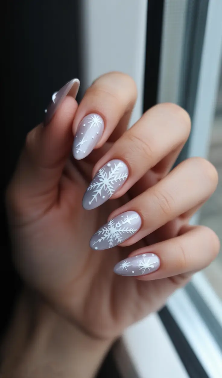 Neutral Winter Nails 2025-2026 Faint-Lavender Mist With Scattered Snow