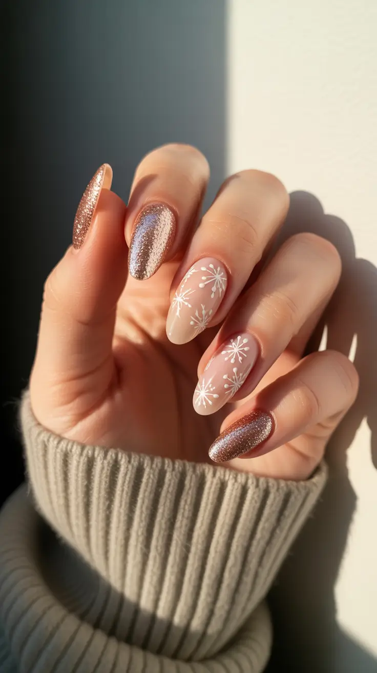 Neutral Winter Nails 2025-2026 Champagne Gleam With Snowy Daisies