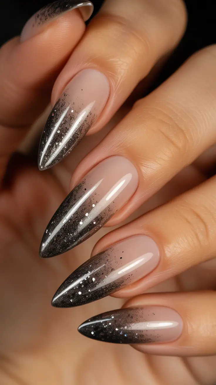 Neutral Winter Nails 2025-2026 - Charcoal Fade With Starry Specks