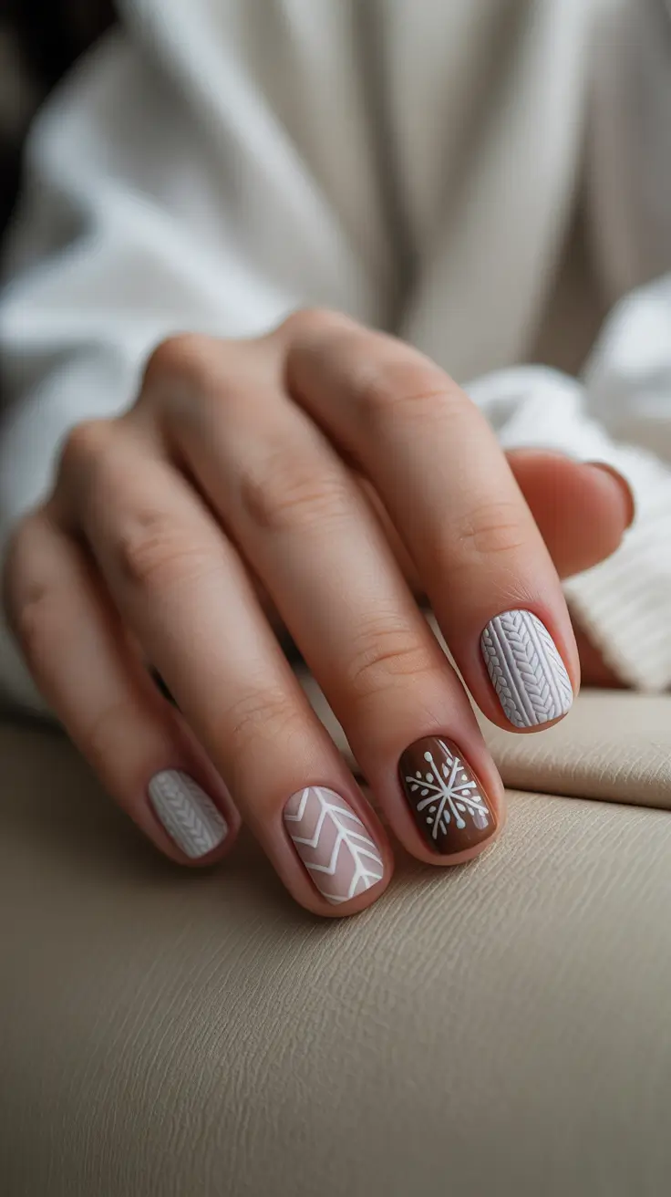 Neutral Winter Nails 2025-2026 - Short Cocoa-Cream Squares With Knit Mix