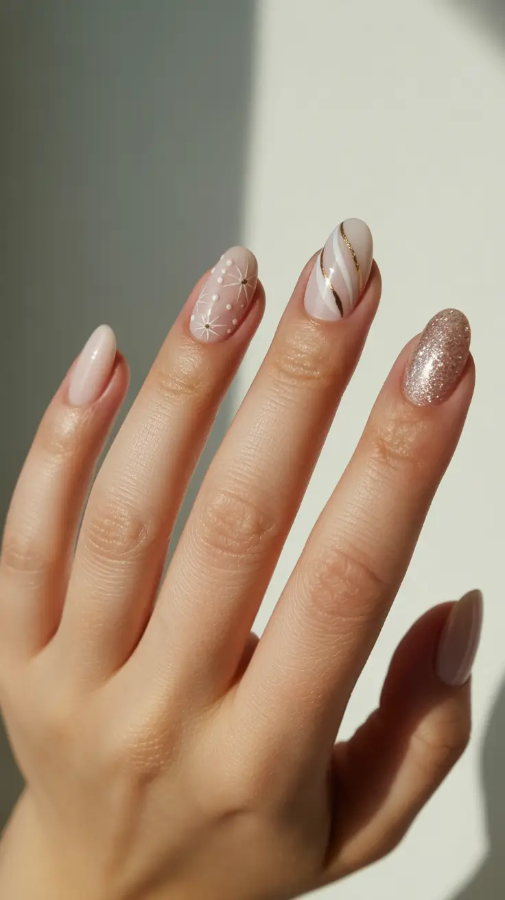 Neutral Winter Nails 2025-2026 Milky Almond With Twinkle Lines