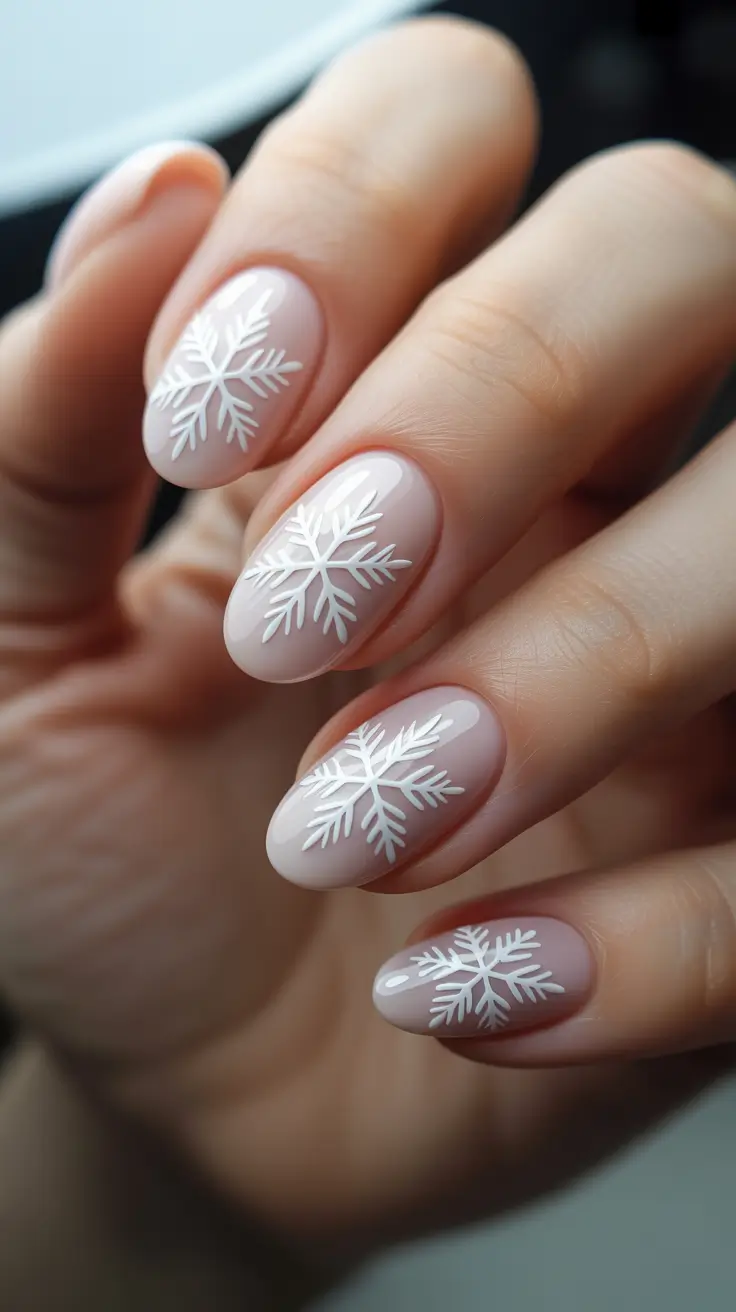 Neutral Winter Nails 2025-2026 Soft Snowflakes on Latte Sheer