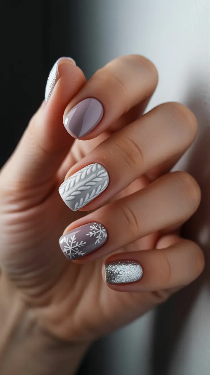 Neutral Winter Nails 2025-2026 Cashmere Greige Mix With Knitted Detail