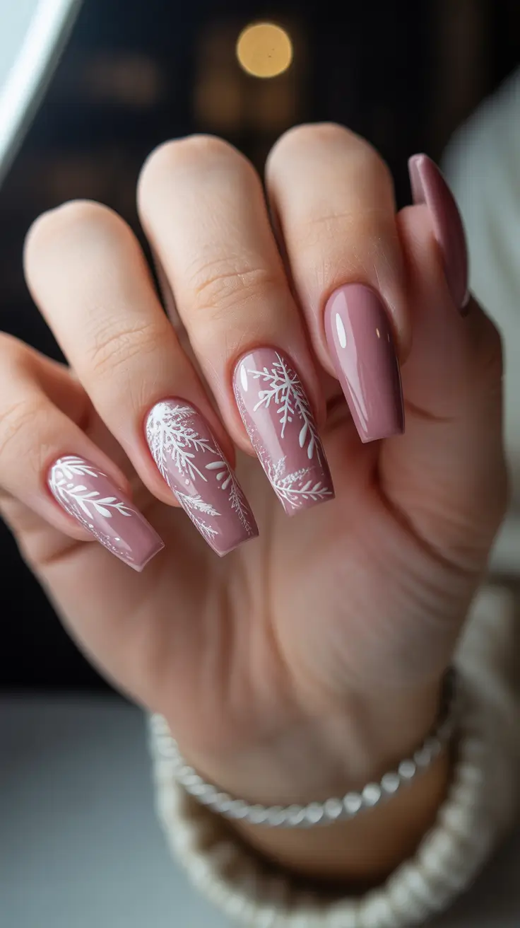 Pink Winter Nails 2025-2026 - Modern Square With Micro-Snow Branches