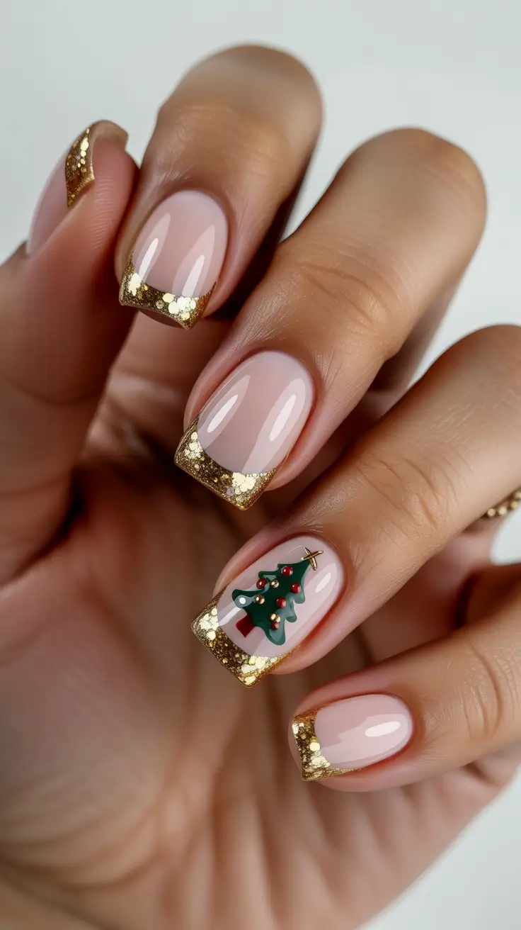 Pink Winter Nails 2025-2026 - Golden Confetti French With Evergreen Accent
