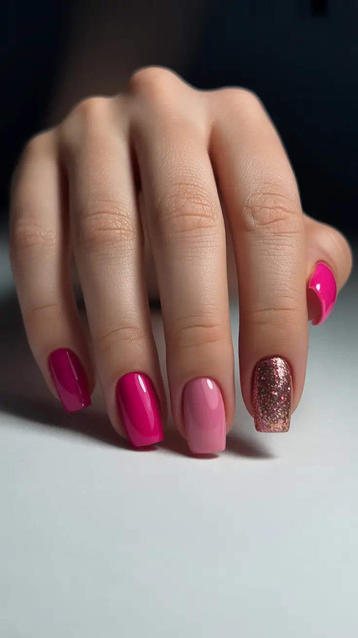 Pink Winter Nails 2025-2026 - Rosy Mix With a Glitter Statement