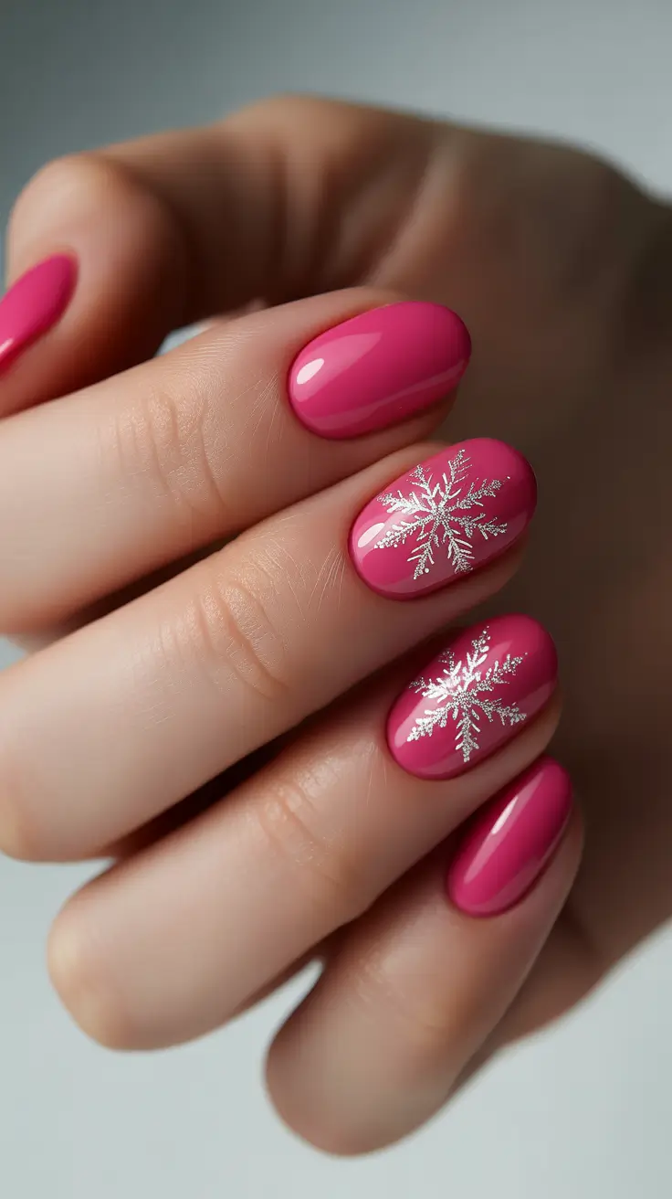 Pink Winter Nails 2025-2026 - Hot Pink Pop With Silver Snowflakes