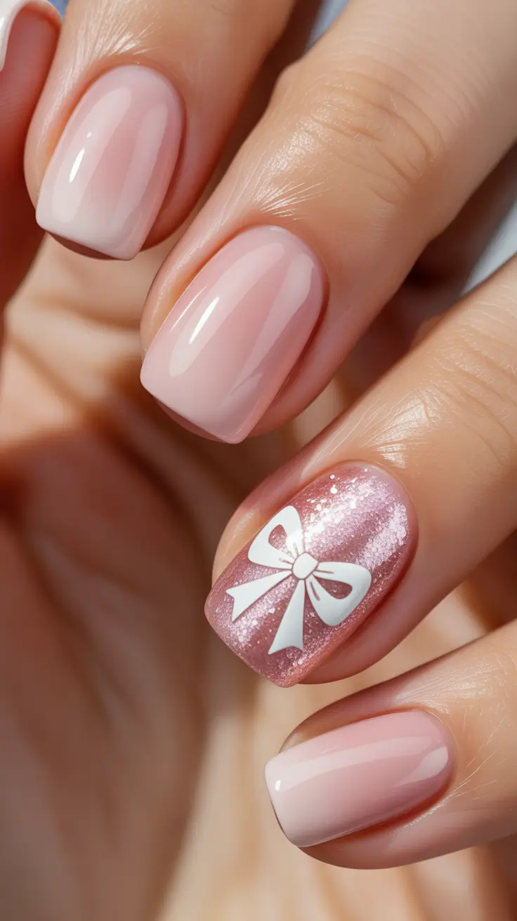 Pink Winter Nails 2025-2026 - Blush Ombre With Gift-Bow Accent
