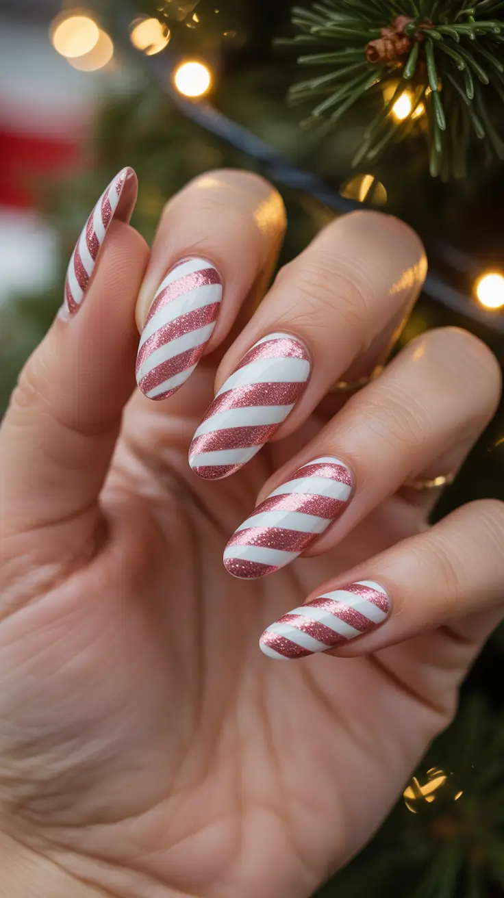Pink Winter Nails 2025-2026 - Candy-Cane Swoops on Almond