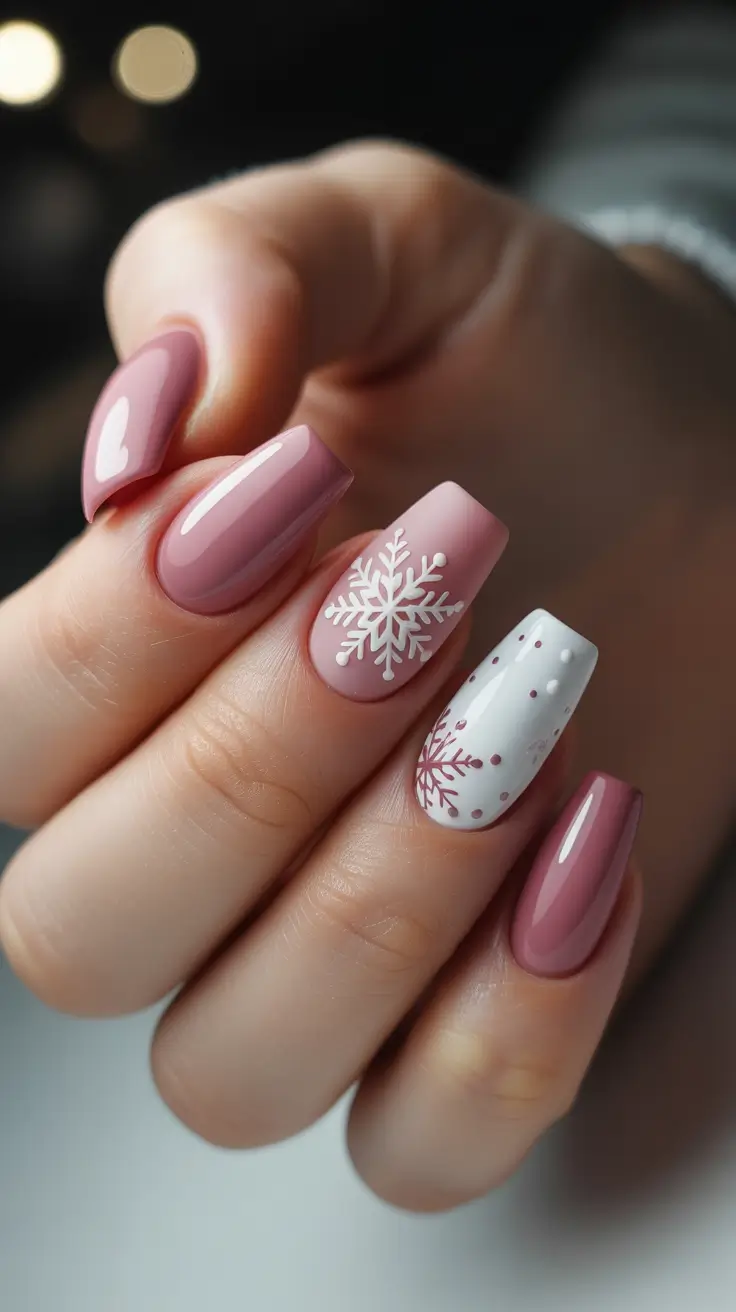 Pink Winter Nails 2025-2026 - Frosted Mauve With Accent Snowflakes