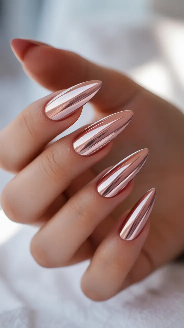 Pink Winter Nails 2025-2026 - Rose-Chrome Icicle Almonds