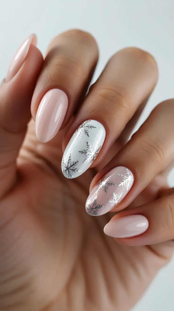 Pink Winter Nails 2025-2026 - Milk-Pink Snowflakes With Silver Glint