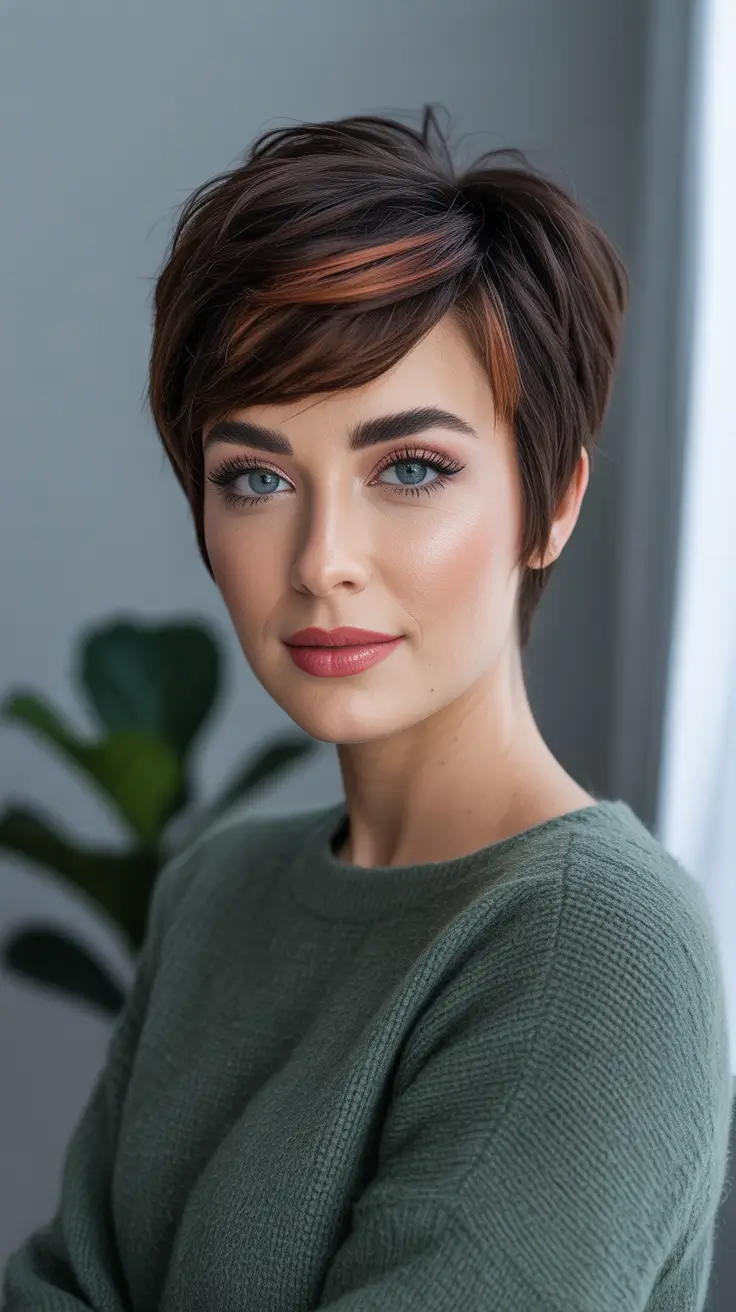 Short Haircuts for Winter 2025–2026 - Refined Pixie With Cinnamon Peekaboo