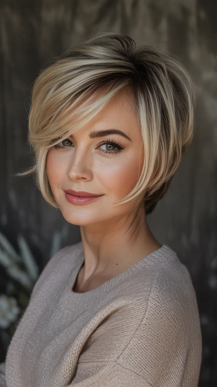 Short Haircuts for Winter 2025–2026 - Stacked Blonde Bob With Side Sweep