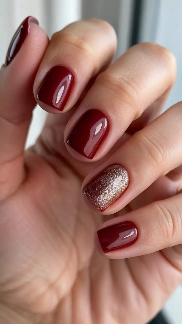 short winter nails ideas - Merlot Gloss With Gilded Micro-Glitter Accent