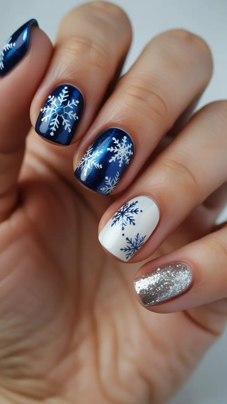 short winter nails ideas Celestial Navy With Snowflake Trio