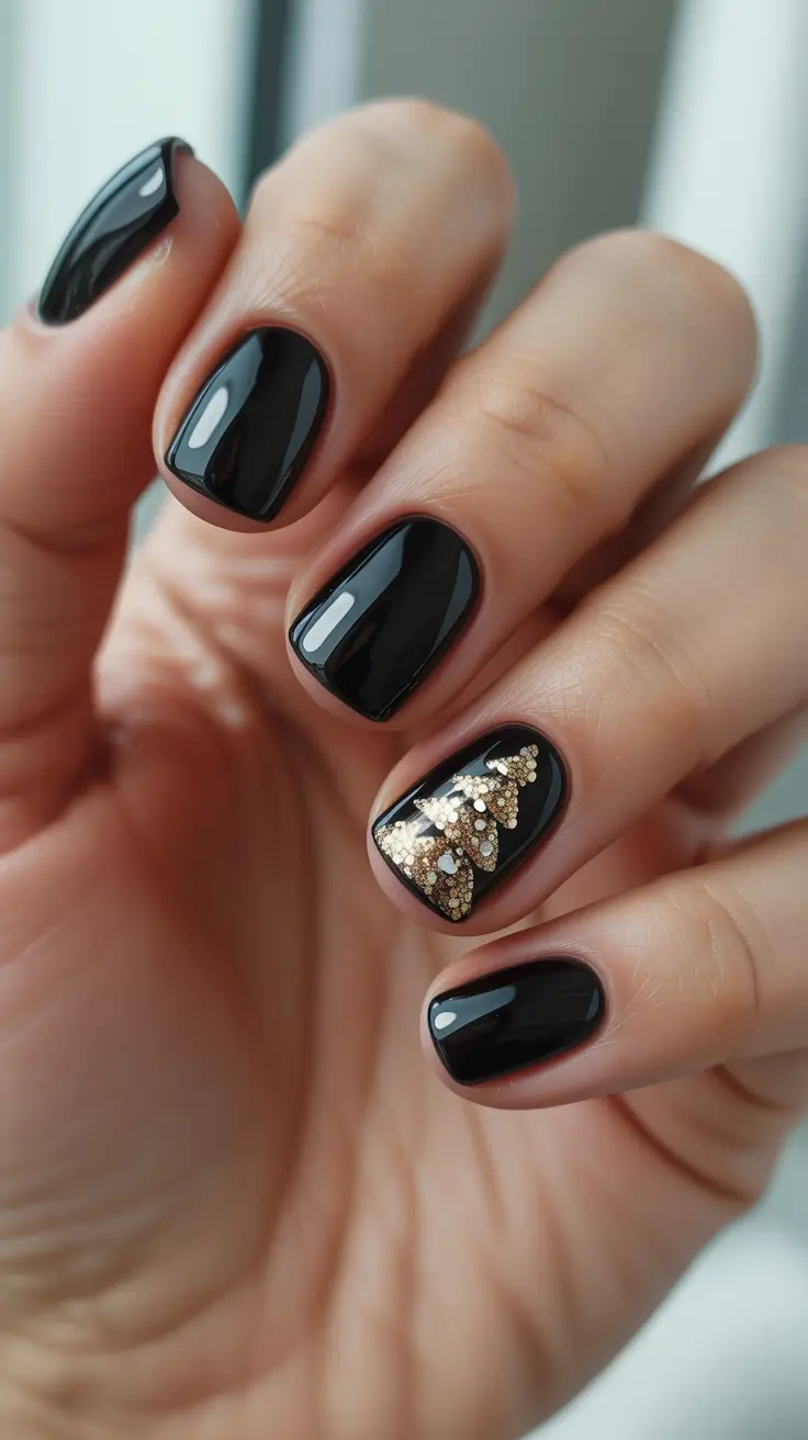 short winter nails ideas Black Lacquer With Golden Evergreen