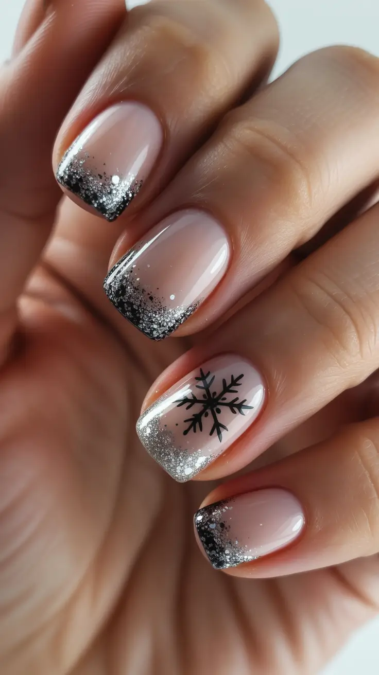short winter nails ideas Smoky Glitter French With Black Snowflake