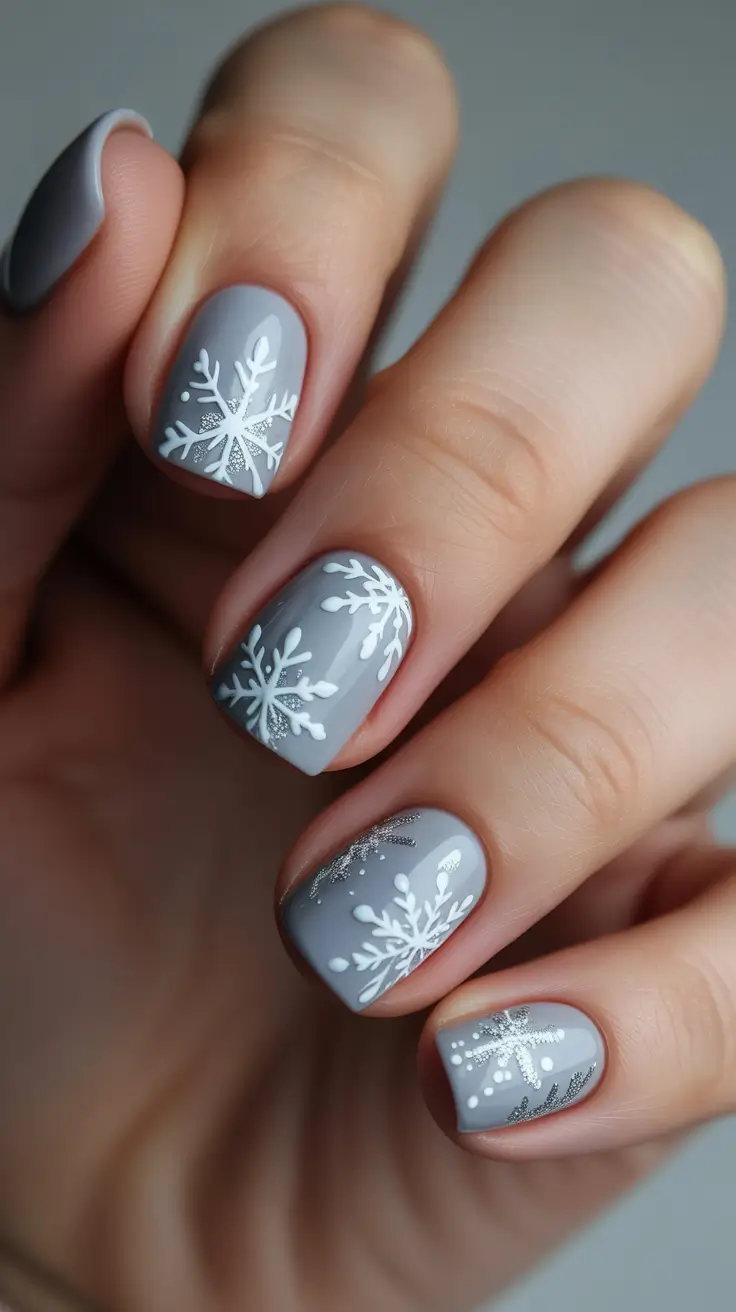 short winter nails ideas Cashmere Grey Snowflake Scatter