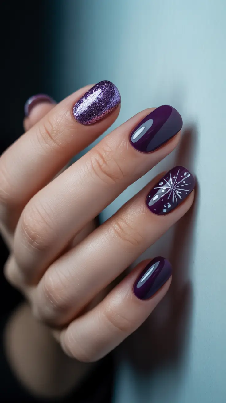 short winter nails ideas - Plum Galaxy Spark With Starburst Accent