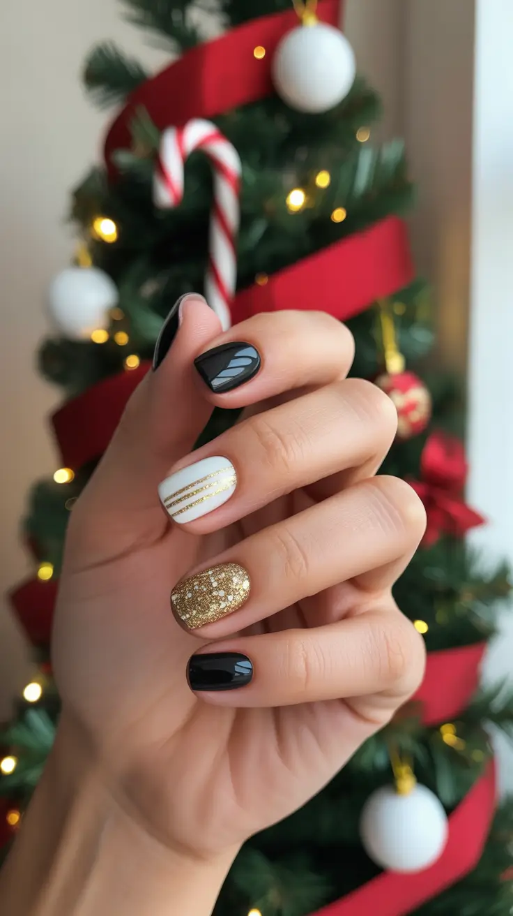 short winter nails ideas - Black, White And Gold Mini-Party Mix
