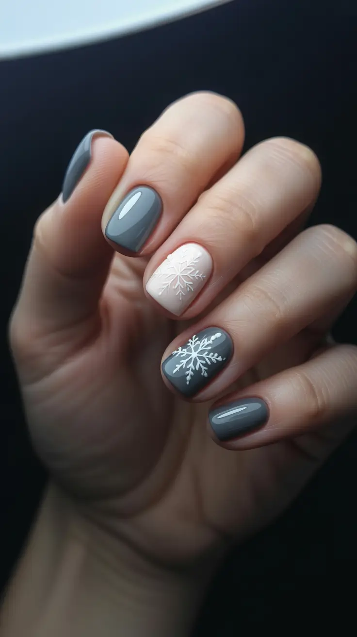 short winter nails ideas - Charcoal And Cream Snowflakes