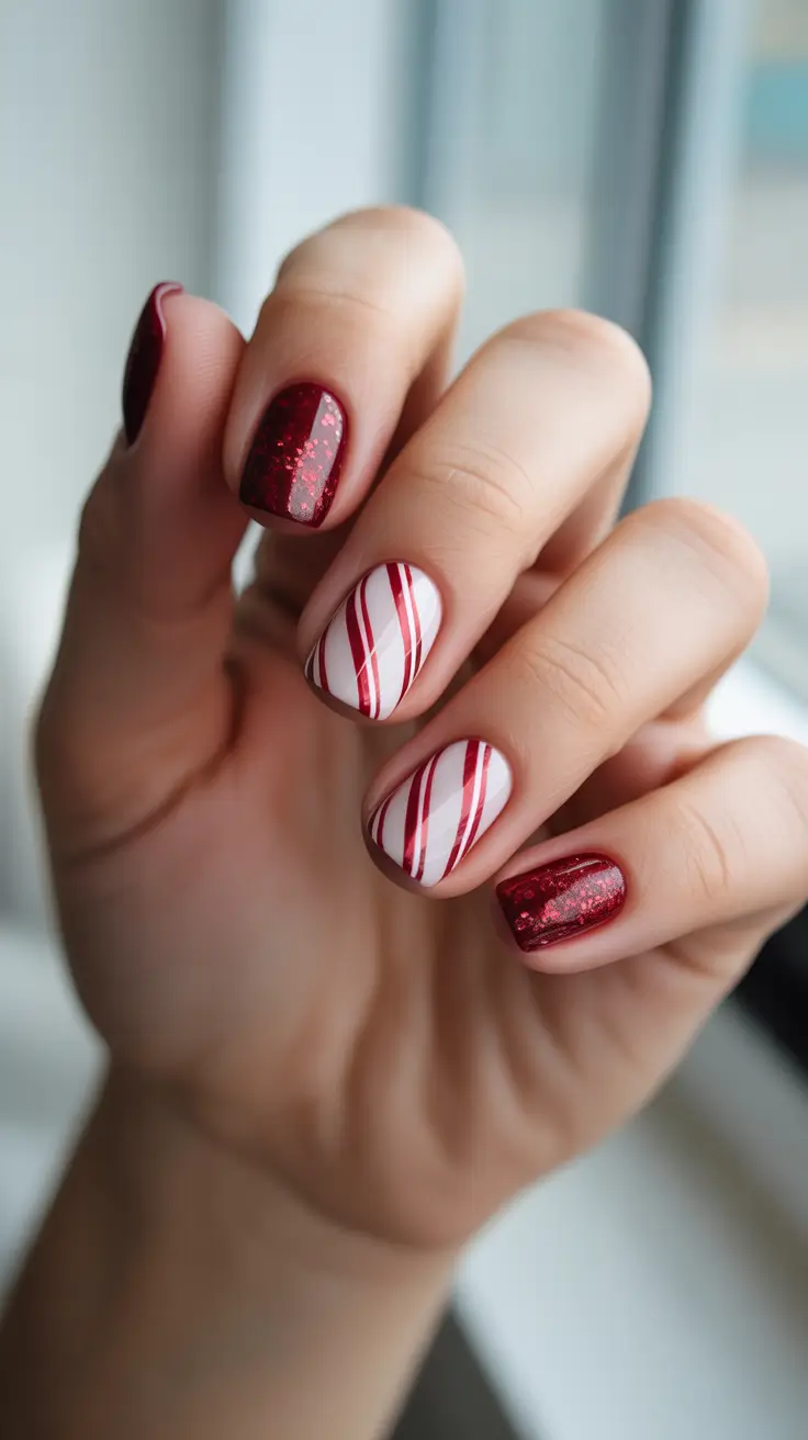 short winter nails ideas Candy-Cane Stripes With Ruby Sparkle