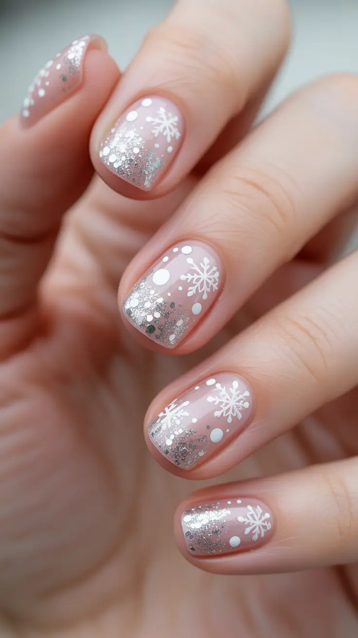 short winter nails ideas - Snowfall Confetti On Sheer Pink